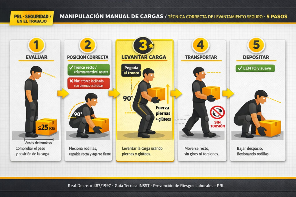 Infografía sobre manipulación manual de cargas: 5 pasos para el levantamiento seguro en el trabajo según PRL y Real Decreto 487/1997.