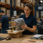 ¿Qué es la logística inversa? Guía completa Trabajadora revisando un producto devuelto en un almacén de logística inversa durante el proceso de gestión de devoluciones y reacondicionamiento de mercancía.