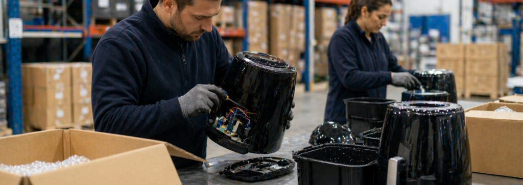 Trabajadores inspeccionando y reacondicionando pequeños electrodomésticos en un almacén industrial como parte del proceso de logística inversa y gestión de devoluciones.