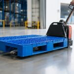 Tipos de palets: características y usos principales Transpaleta manipulando un palet de plástico azul en un almacén logístico