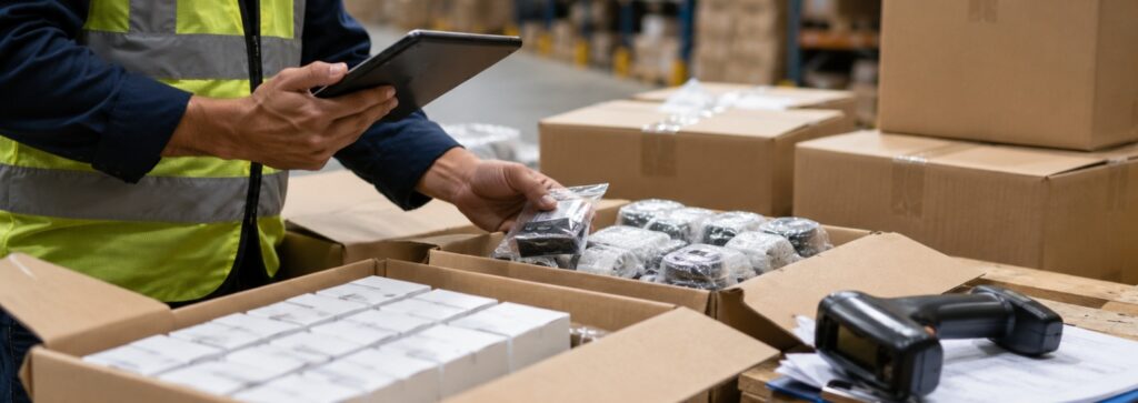 Trabajador revisando productos en cajas abiertas durante un inventario de almacén