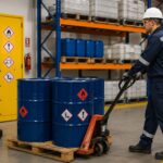 Almacenamiento de productos químicos y seguridad Almacenamiento seguro de productos químicos en un almacén industrial con bidones, contenedores IBC y transpaleta manual.