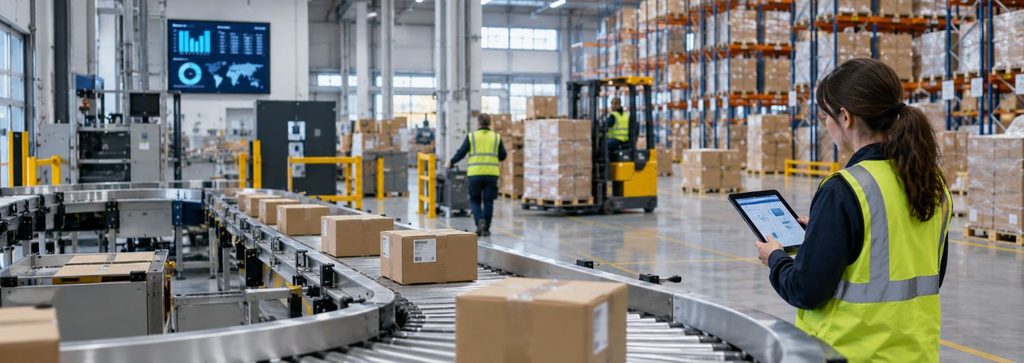 Operario supervisando con una tablet el flujo de mercancías en un almacén logístico automatizado gracias al lean logistics.