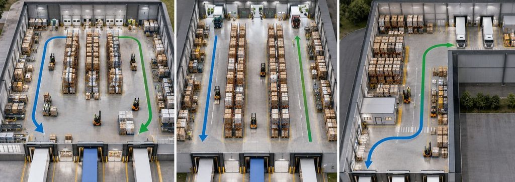 Vista aérea de tres configuraciones de almacén —flujo en U, en línea recta y en L— con estanterías, muelles de carga, camiones, carretillas elevadoras y recorridos señalizados mediante flechas de colores.