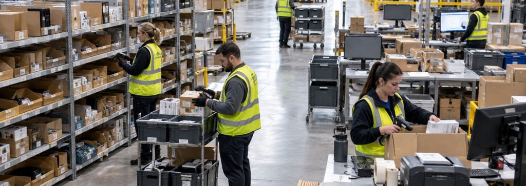 Zona de picking en un almacén logístico, con operarios preparando pedidos entre estanterías, carros de picking, cajas, ordenadores y mesas de empaquetado.