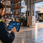 Profesional de logística supervisando KPI de supply chain en una tablet dentro de un almacén con mercancías, carretilla elevadora y camión.