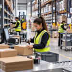 Principales zonas de un almacén y sus funciones Zona de picking y preparación de pedidos en un almacén, con una operaria escaneando una caja y estanterías, carros y otros trabajadores al fondo.