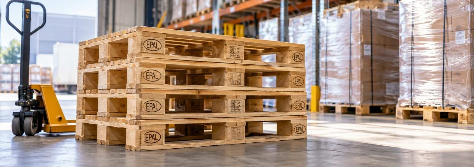 Palets europeos EPAL de madera apilados junto a una transpaleta en un almacén logístico