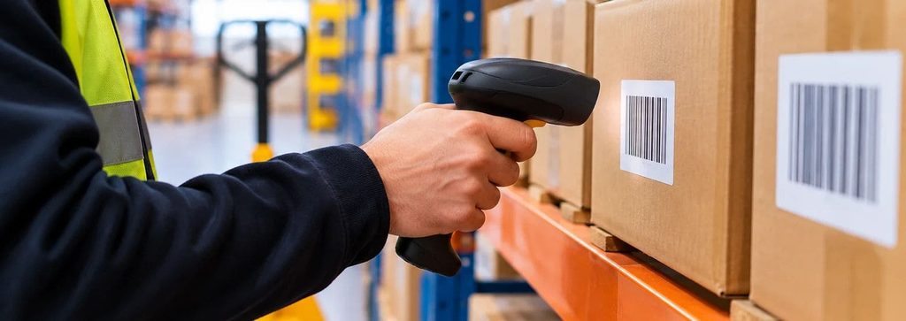 Operario escaneando códigos de barras para identificar productos mediante SKU y controlar el inventario del almacén.