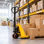 SKU: qué es, para qué sirve y cómo crearlo en su almacén Transpaleta manual en un almacén logístico junto a cajas identificadas con códigos SKU para la gestión del stock.